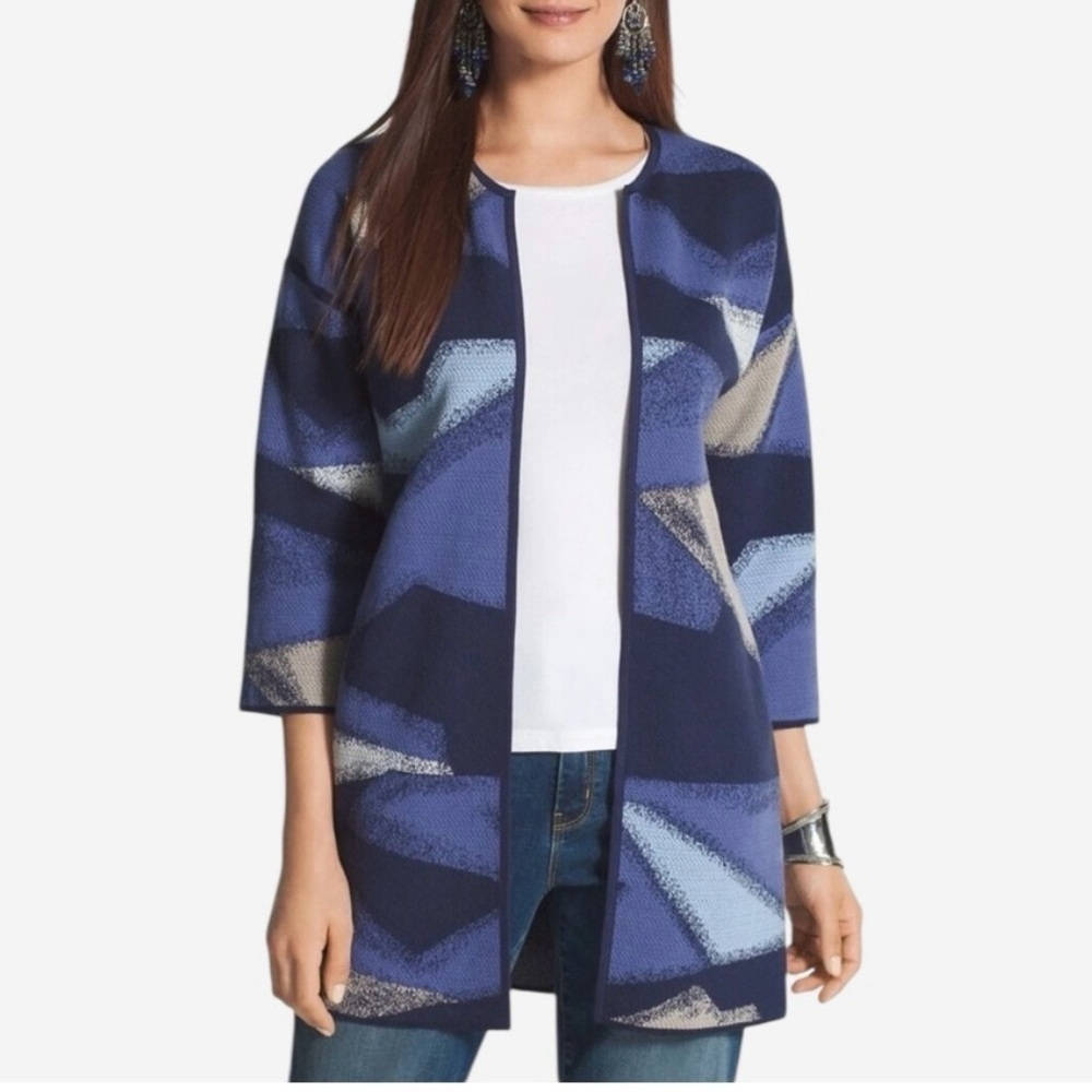 Chicos 2 Open Front Cardigan Sweater Size L Abstract Geo Blue Multi 3/4 Sleeve